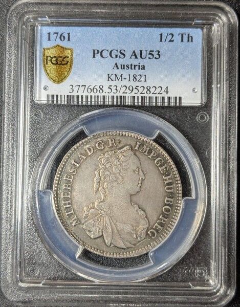 1761年 オーストリア 神聖ローマ帝国 1/2 ターラー 銀貨 PCGS AU53 マリア・テレジア 珍品 ハプスブルク家 皇帝