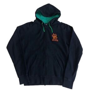s.i.m パーカー 刺繍 ロゴ CROWN 王冠 ブラック バイカラー ブラック×グリーン Mサイズ 日本製 ダブルジップ 裏毛