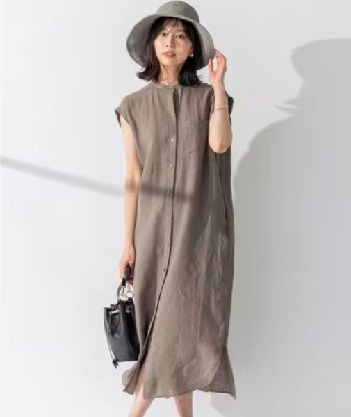 23区 23ss 洗える LIBECO ノースリーブ シャツ ワンピース ダークブラウン 茶