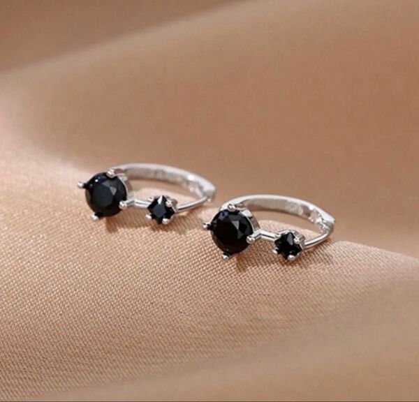 ピアス CZダイヤダブルブラック シルバー フープピアス