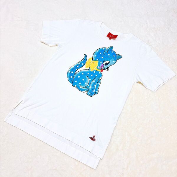 廃盤 レア 極美品 ヴィヴィアン レッドレーベル ロングtシャツ ねこ キャット オーブ 白青 レディース ユニセックス 半袖