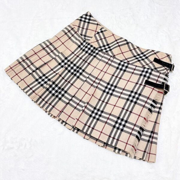 美品 バーバリー BURBERRY ノバチェック ミニスカート ウール プリーツ レザーベルト ラップ 安室奈美恵 Sサイズ
