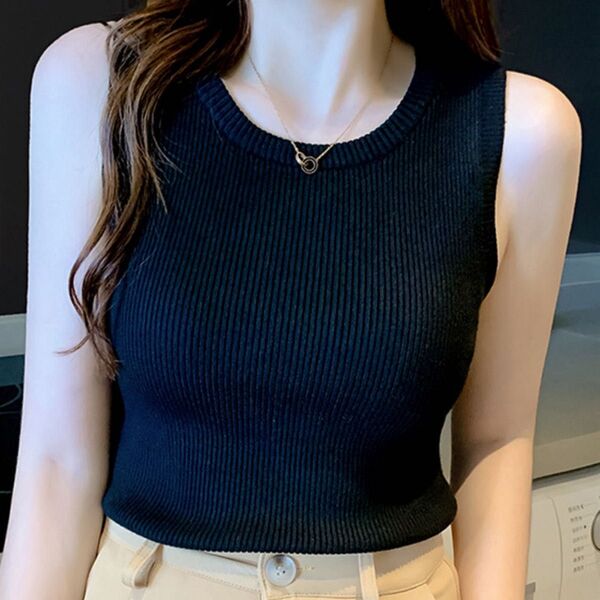 ノースリーブ サマーニット トップス セーター 薄手 オフィス カジュアル ホワイト シンプル リブニット 黒 ブラック タンク