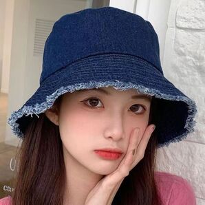 デニム バケットハット ネイビー フリンジ 帽子 トレンド UV対策 帽子