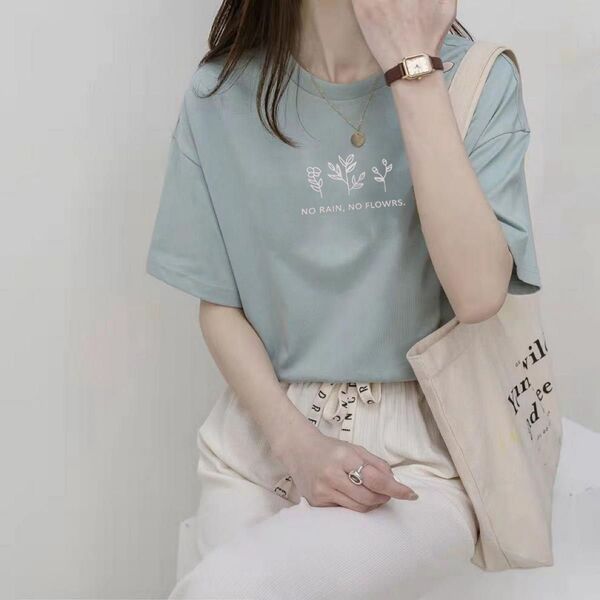 ロゴ Tシャツ フラワープリント ブルー系 半袖 トップス 夏 シンプル 新作 ブルーグリーン ゆったり