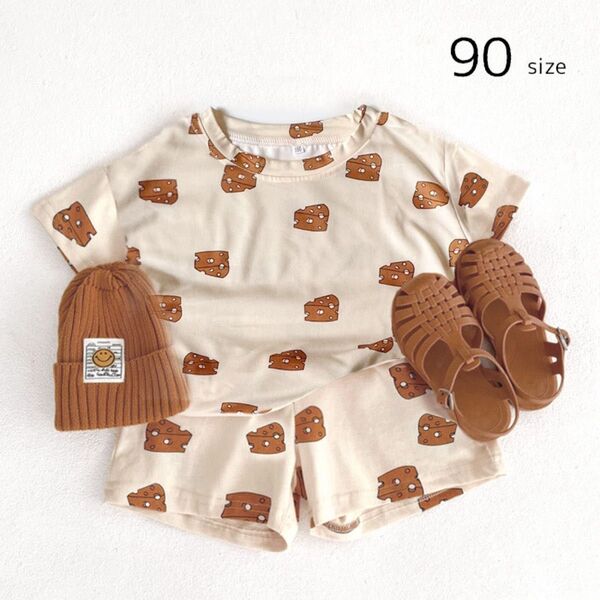 90サイズ チーズ柄 セットアップ 子供服 キッズ 保育園 Tシャツ パンツ 男の子 女の子 半袖 上下セット パジャマ