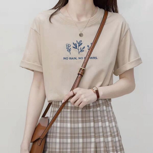 ロゴ Tシャツ フラワープリント ブラウン系 ベージュ 半袖 トップス 夏 シンプル 新作 くすみカラー ナチュラル