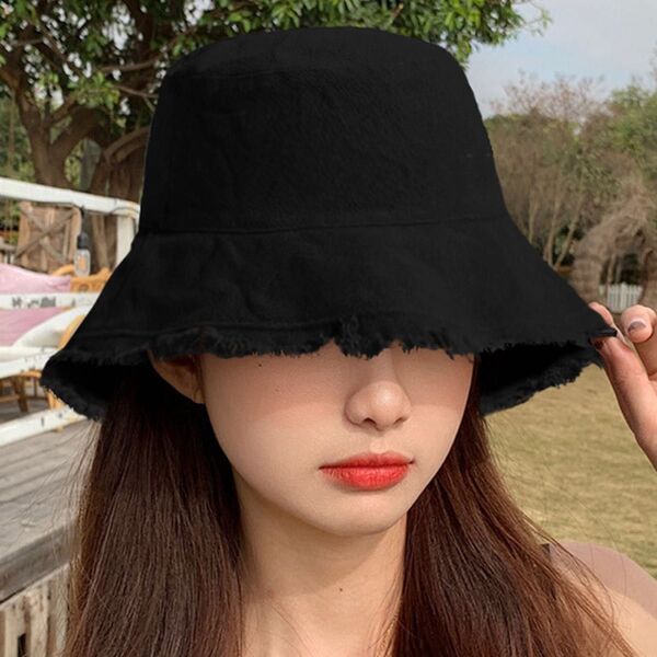 SALE フリンジ付き バケットハット ブラック キャンバス素材 帽子 黒 ユニセックス かわいい UV 日よけ 日焼け対策