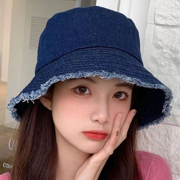 値下げ デニム バケットハット ネイビー ブルー フリンジ 帽子 トレンド UV対策 ユニセックス つば広 日焼け対策 ハット