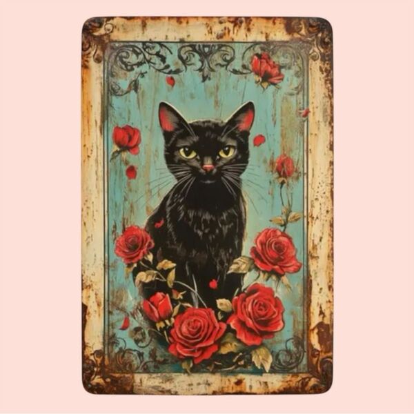 新品 黒猫 看板 サイン インテリア 壁掛け 赤いバラ アート アンティーク