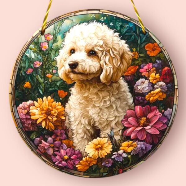 新品 トイプードル 犬 サンキャッチャー 犬柄 犬グッズ 犬雑貨 花 開運