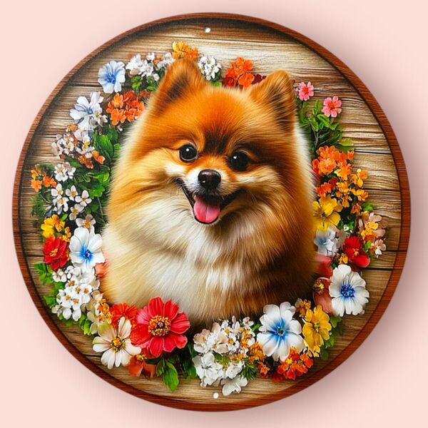 新品 ポメラニアン サイン 看板 花 壁掛け 犬雑貨 犬グッズ 犬柄 花 開運