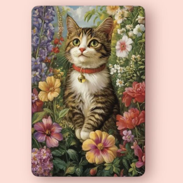 新品 サイン 看板 茶とら猫 花 壁掛け 猫雑貨 猫グッズ 猫柄 鈴 開運