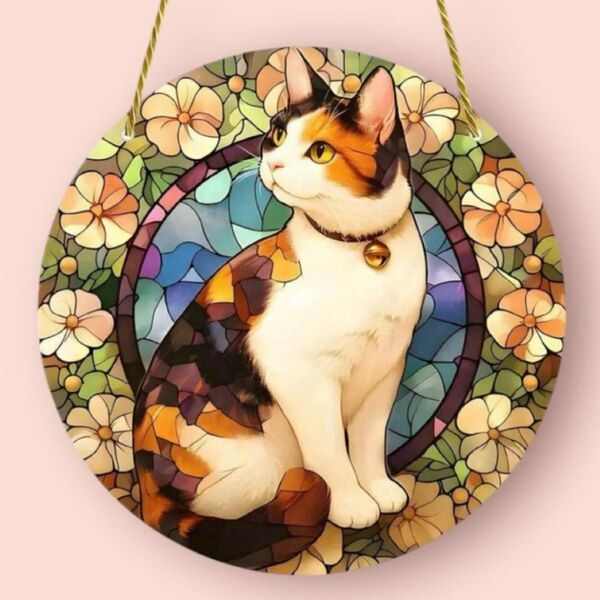 新品 三毛猫 ステンドグラス風 壁掛け 猫柄 窓辺 インテリア 猫グッズ 猫雑貨
