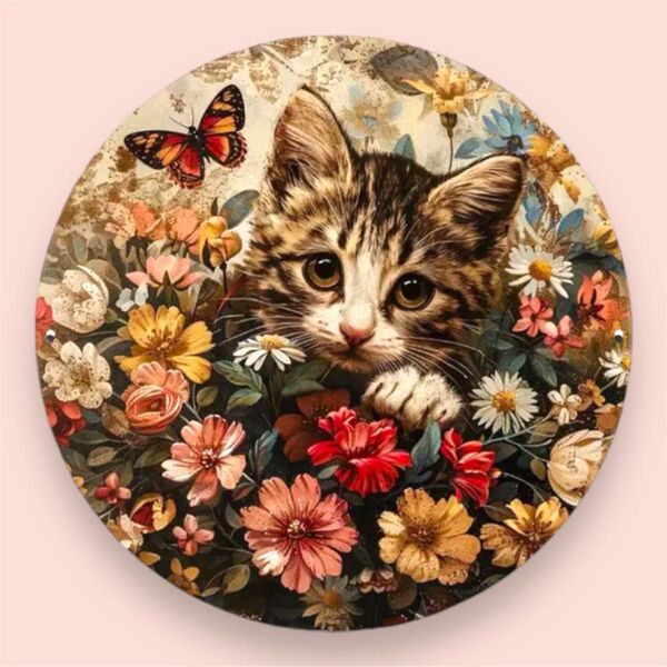 新品 猫 子猫 看板 壁掛け 立て掛け 装飾品 猫雑貨 猫グッズ 猫モチーフ 猫柄 丸型 花 蝶々 開運