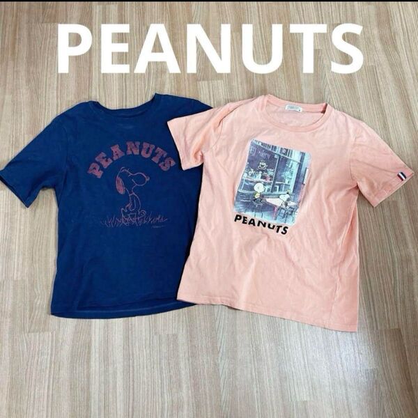 PEANUTS 綿100 ネイビー オレンジ 半袖 Tシャツ 男女兼用 UT プリント トップス