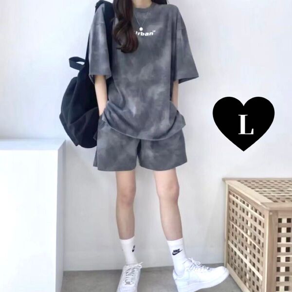 在庫わずか★ ルームウェア 部屋着 半袖 セットアップ Tシャツ ショートパンツ 上下セット グレー ブラック L