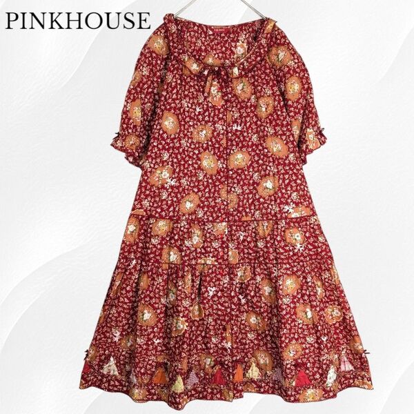 PINKHOUSE ピンクハウス ロングワンピース リボン ピコフリル 花柄 フラワー 前開き 赤 フリル