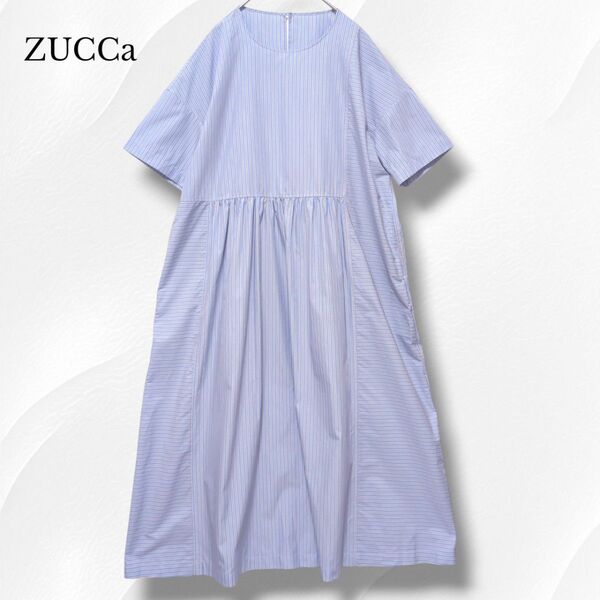 24年モデル ZUCCa ズッカ シャツワンピース ストライプ コットンワンピース ロングワンピース マキシ丈 水色