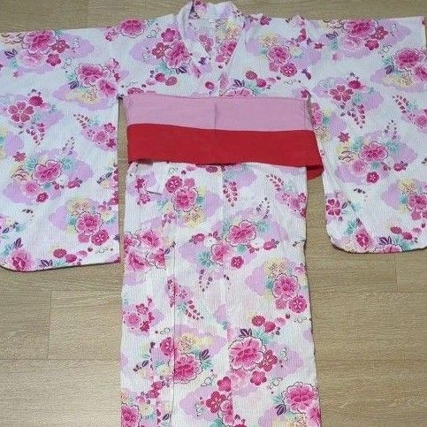 130 浴衣 帯セット女の子 花柄 ピンク 綿100%