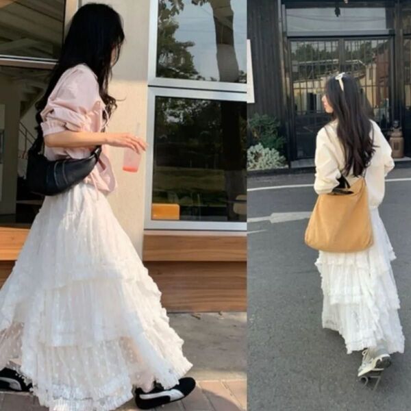 L ホワイト ティアードチュールスカート 総レース フレアスカート ロングスカート スカート 白 夏 レース 大人