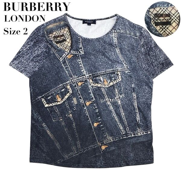 【美品】BURBERRY LONDON バーバリーロンドン Tシャツ トップス カットソー デニム柄プリント サイズ2