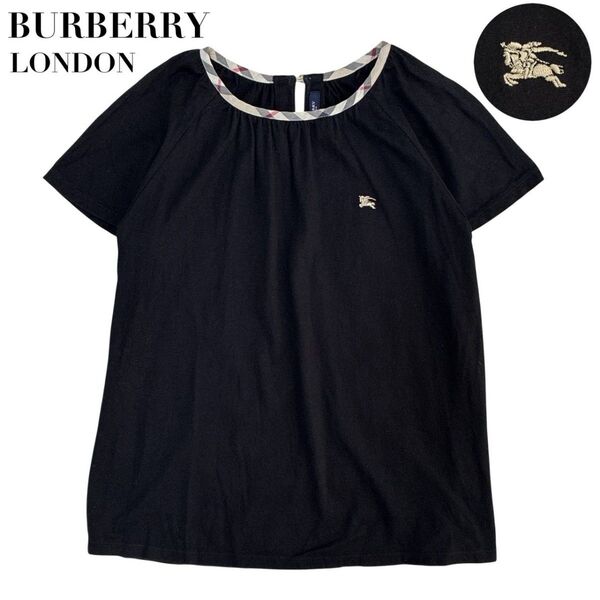 【美品】BURBERRY LONDON バーバリーロンドン カットソー トップス Tシャツ 刺繍ロゴ 黒 タック とろみ 日本製