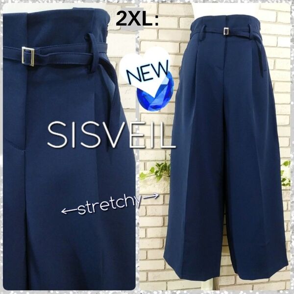 2XL (3L):未使用★ストレッチ ワイドパンツ/シスベイル★ベルト付・ネイビー