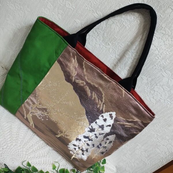 正絹帯リメイク横型大きめトートバッグハンドメイド