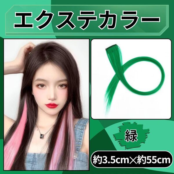 カラーエクステ 2本セット 緑 グリーン ワンタッチカラー インナーカラー 簡単着用 カット可 コスプレ ダンス 発表会 運動会