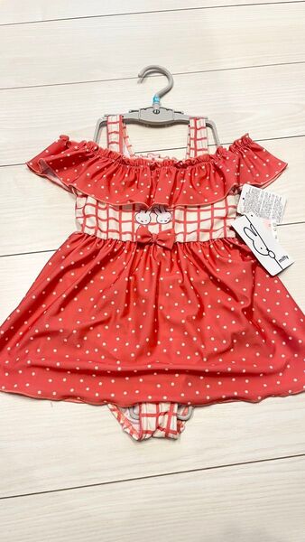 新品 ミッフィー ワンピース水着 オフショル 女の子 120cmドット柄 フリル