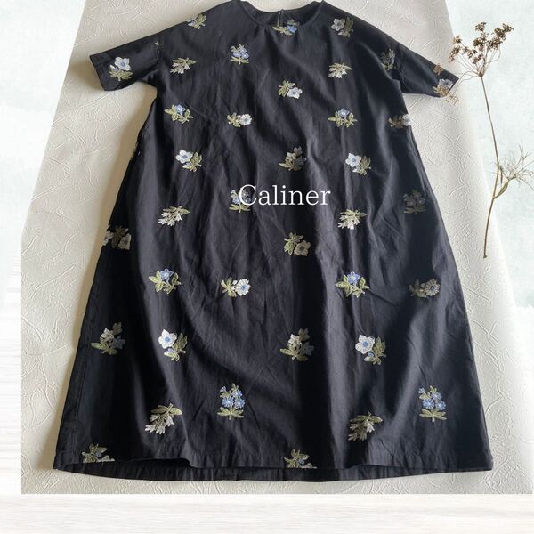 Caliner カリネ 花柄×刺繍ワンピース 黒 ゆったり ナチュラル ブラック 半袖