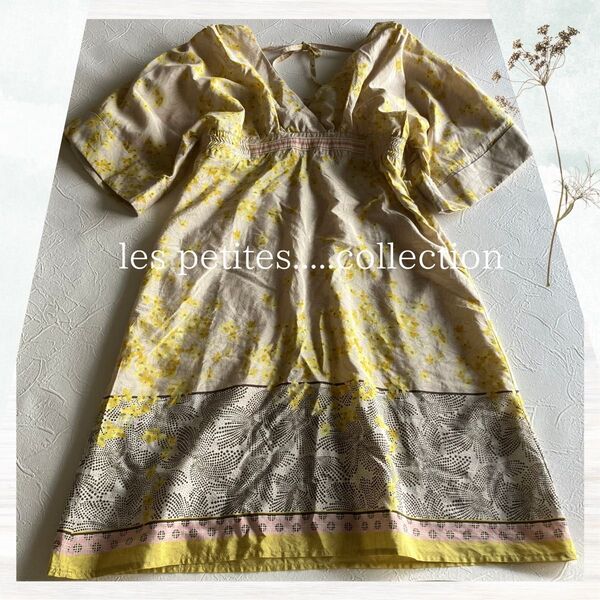 les petites.....collection フランス製 シルク混 花柄ワンピース イエロー 半袖