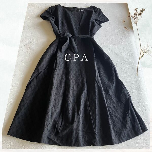 P.A.C カットワーク刺繍ワンピース 黒 大きいサイズ 半袖 ウエストベルト