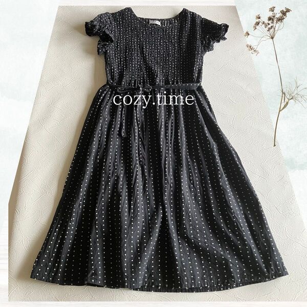 cozy.time ドットワンピース 半袖 黒 ゆったり M〜 L