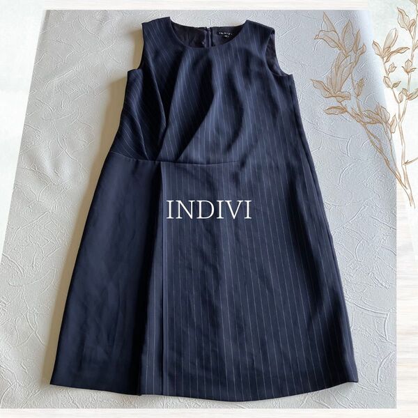 INDIVI ストライプノースリーブワンピース 日本製 フォーマル M ネイビー