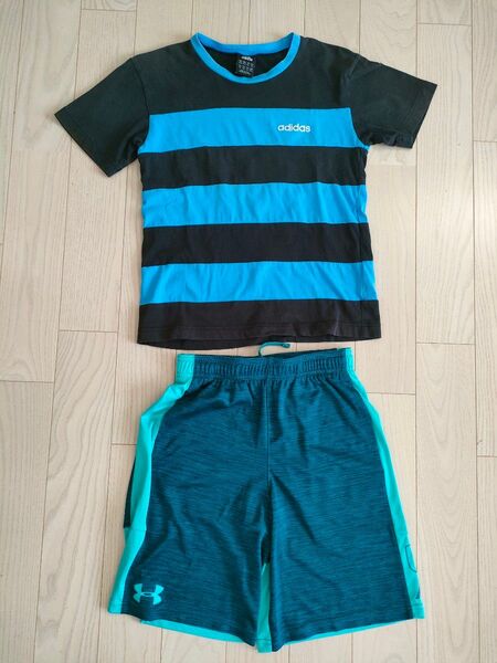 adidas ボーダーTシャツ & UNDER ARMOUR ハーフパンツ 2点セット 150〜160