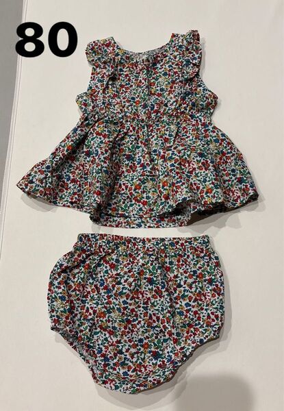 ベビーチュニックワンピース ブルマ付きセットアップ 80サイズ 花柄 女の子 フリル付き