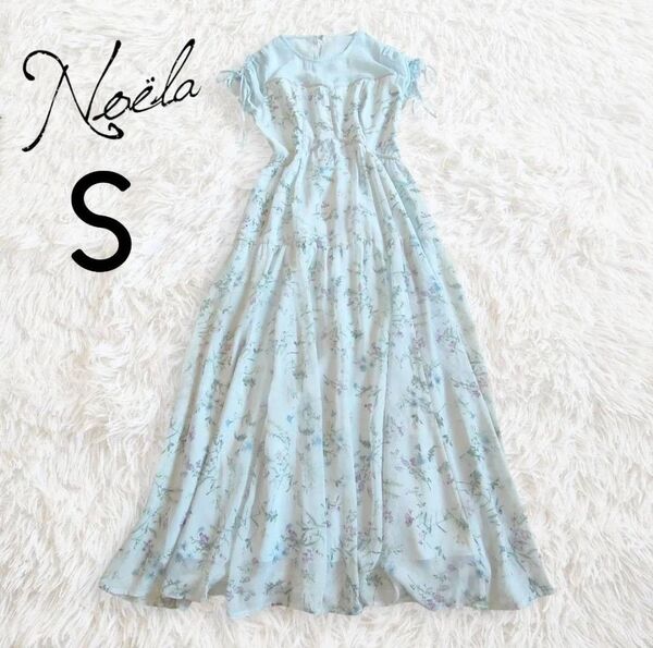 Noela ノエラ ワンピース S サックスブルー 花柄 総柄 半袖 ロング フレア シアー クラシカル シフォン 裏地付き