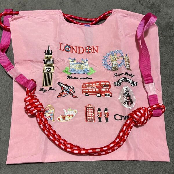 新品 ロンドン 刺繍 軽量 エコバッグ ナイロン Mサイズ ピンク ショルダーストラップ付き