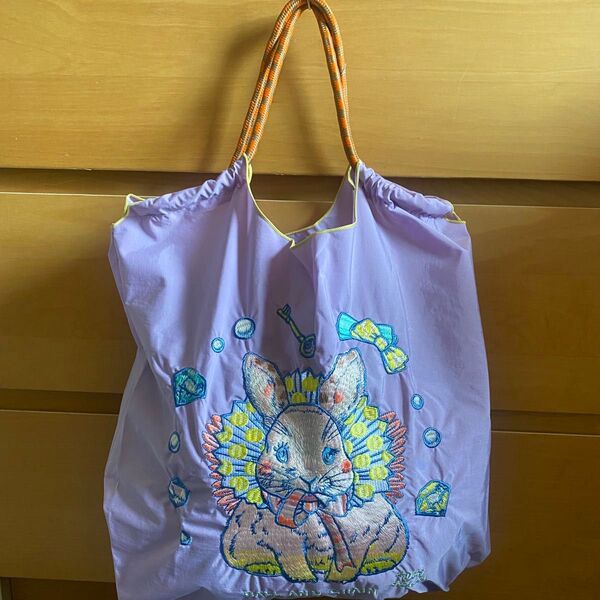 新品 大きなうさぎ 刺繍 軽量 エコバッグ ナイロン Mサイズ ラベンダー