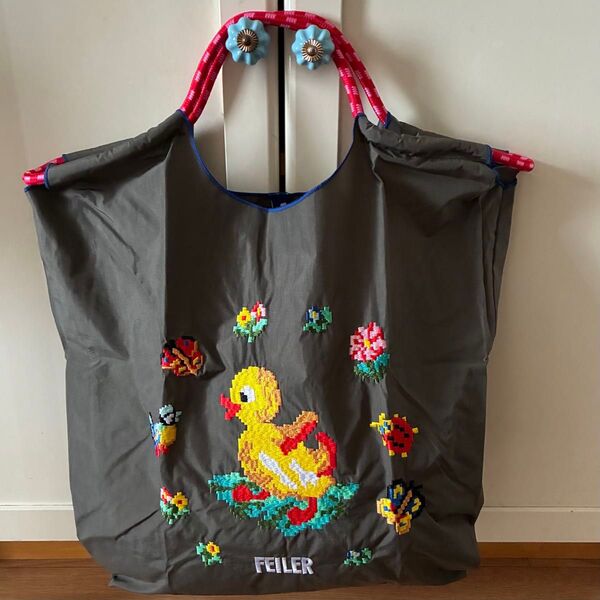 新品 刺繍 軽量 エコバッグ ナイロン Mサイズ グレー