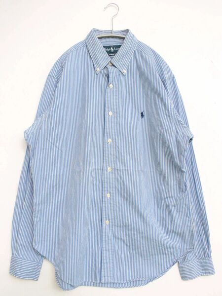 【クラシック】Ralph Lauren ストライプシャツ 青系 L相当 CLASSIC FIT ポニー刺繍 古着
