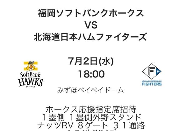 7/2 ソフトバンクvs日本ハム 一塁側外野席ペア15列目