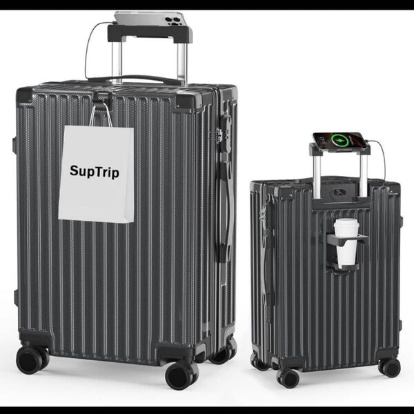 スーツケース キャリーケース USBポート カップホルダー 充電機能 軽量 M 出張 旅行 65L 4〜6泊 グレー