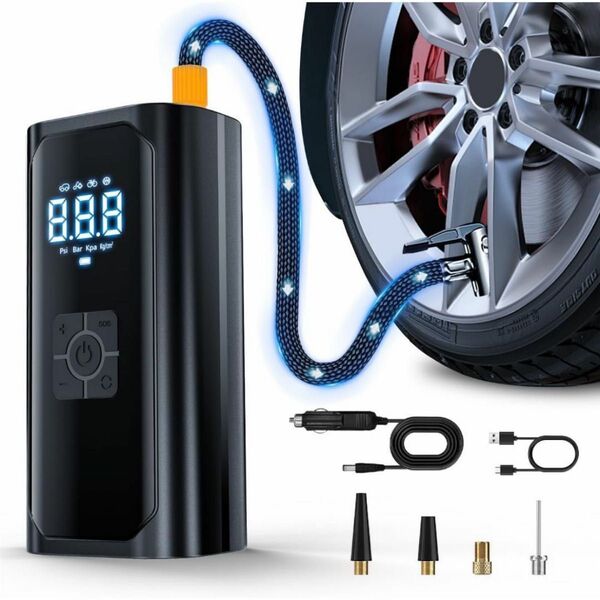 電動空気入れ エアーポンプ 最大圧力150PSI 自動停止 自転車 自動車 バイク コードレス USB 仏/米式各種バルブ