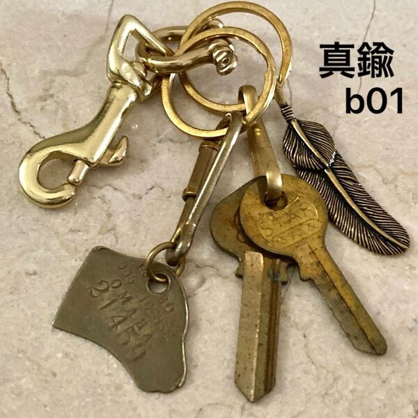 真鍮製 キーホルダー キーリング brass ブラス USA 鍵 タグ フェザー