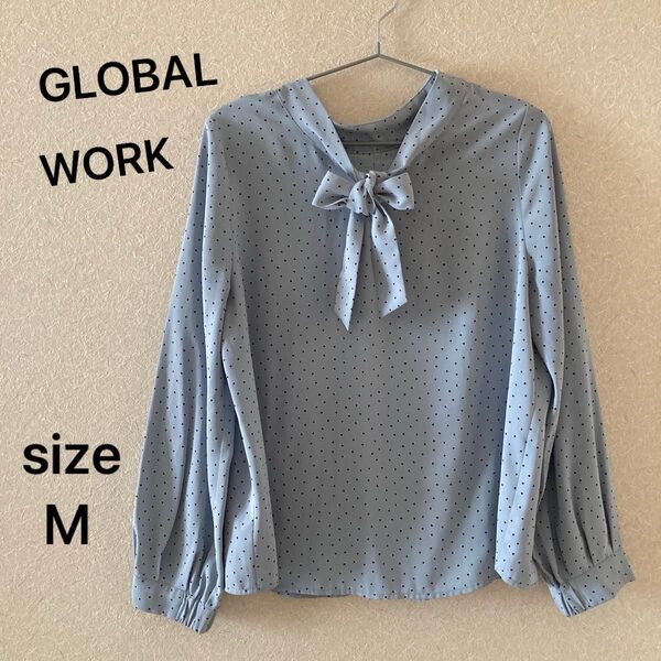 GLOBAL WORK グローバルワーク ボウタイ 2way ドット柄 ブラウス 水色 M レディース 長袖