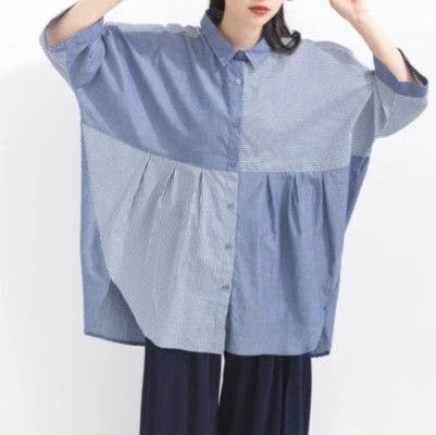 Lupilien シャンブレー ストライプ クレイジー 切替シャツ サックス