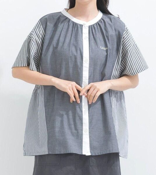 Lupilien シャンブレー×ストライプ 前あき配色シャツ ブラック